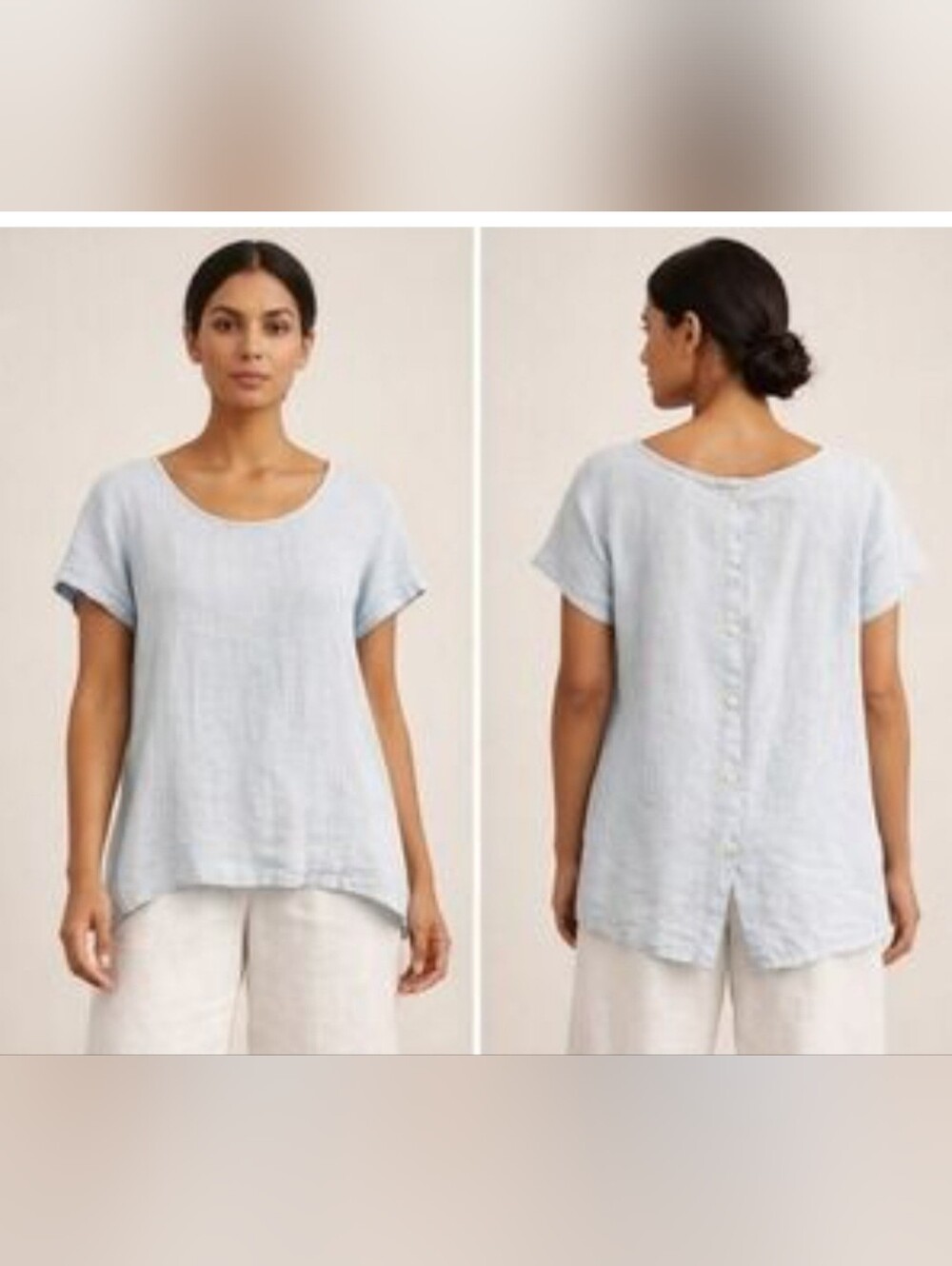 Flax Linen Button Back Slit Top Size Large Cloud Blue Raglan Sleeve